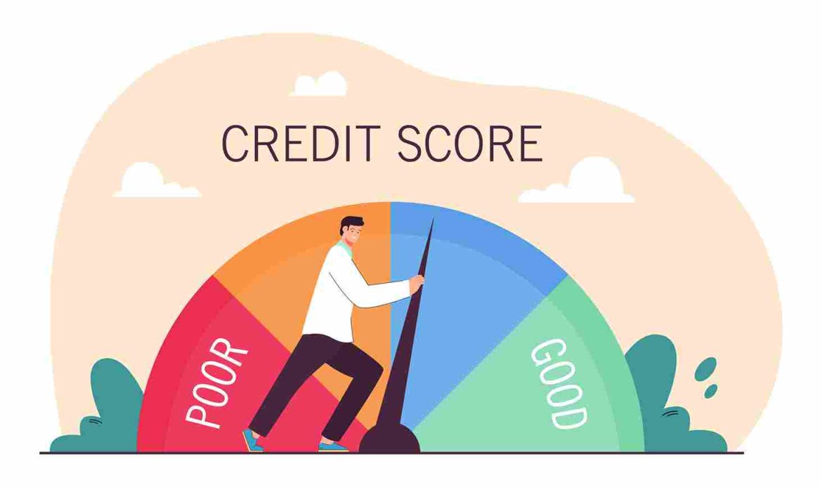 Businessman pushing credit score speedometer from poor to good 11zon