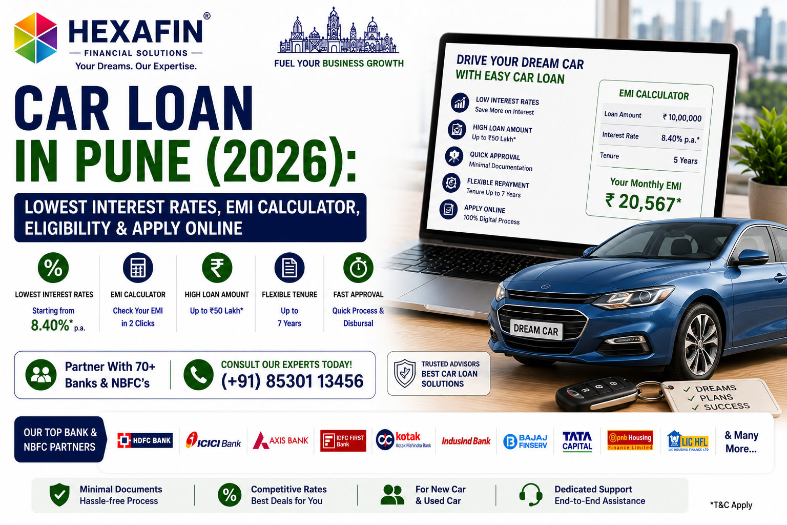 Car loan in Pune with low interest rates, EMI calculator, eligibility, online application, and expert guidance