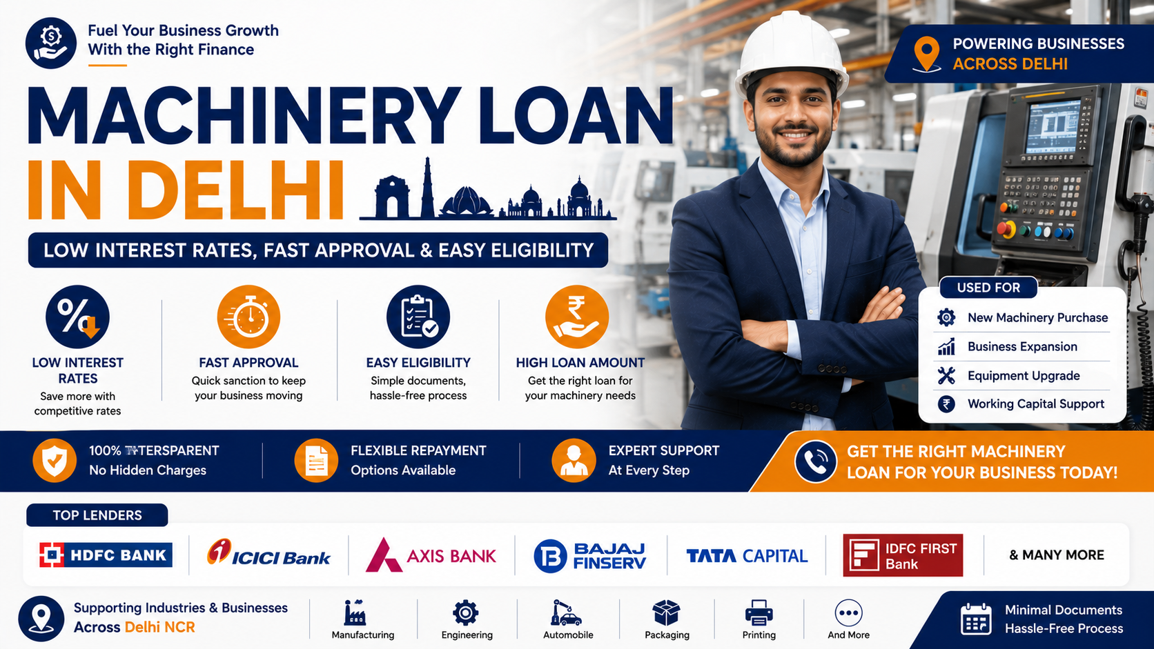 Machinery Loan in Delhi: Low Interest Rates, Fast Approval & Easy Eligibility (2026 Guide) 1 Machinery Loan in Delhi Low Interest Rates, Fast Approval & Easy Eligibility (2026 Guide)