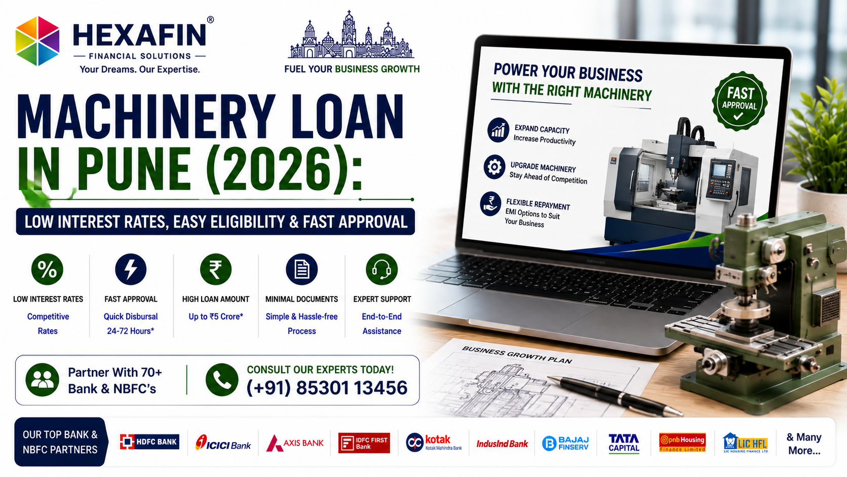 Machinery loan in Pune for manufacturing businesses with equipment financing, low interest rates, and fast approval