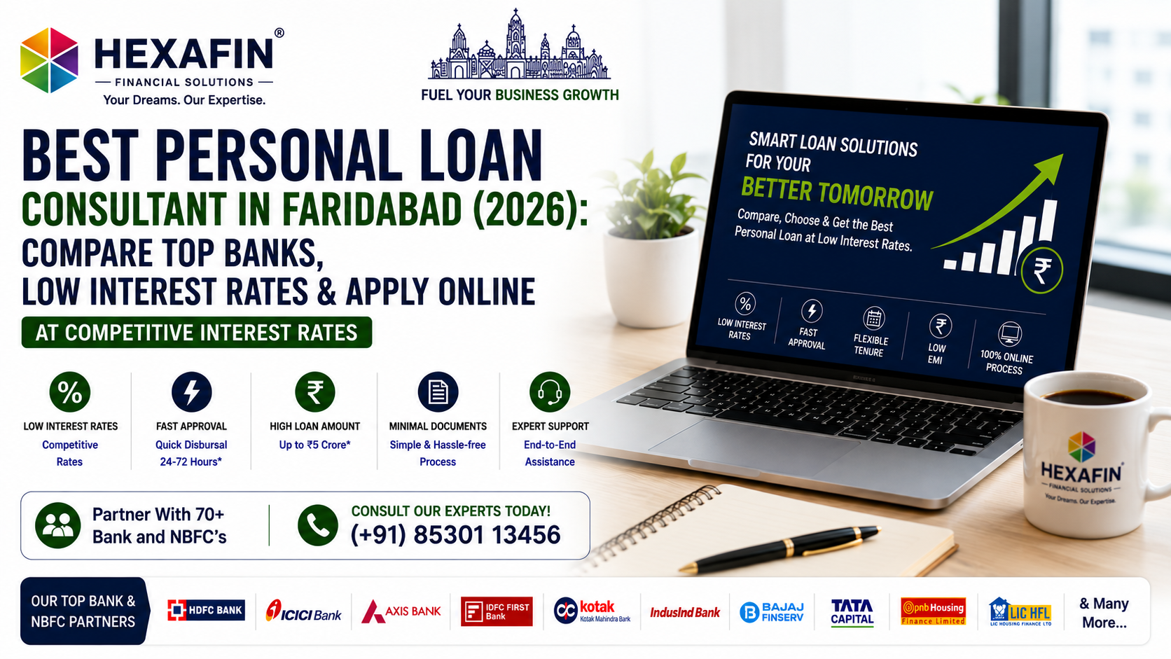 Best Personal Loan Consultant in Faridabad (2026): Compare Top Banks, Low Interest Rates & Apply Online 1 Best Personal Loan Consultant in Faridabad helping compare top banks and NBFCs with Hexafin