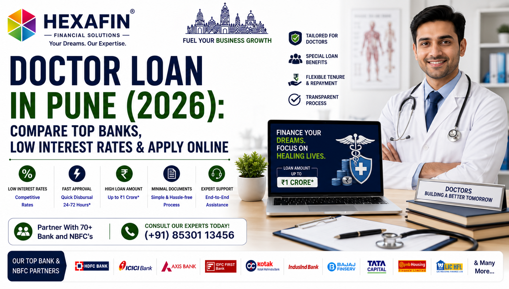 Best Doctor Loan in Pune: Compare Low Interest Rates & Apply Online 1 Doctor Loan in Pune with low interest rates, flexible repayment options, and expert loan assistance from Hexafin Loan Consultancy