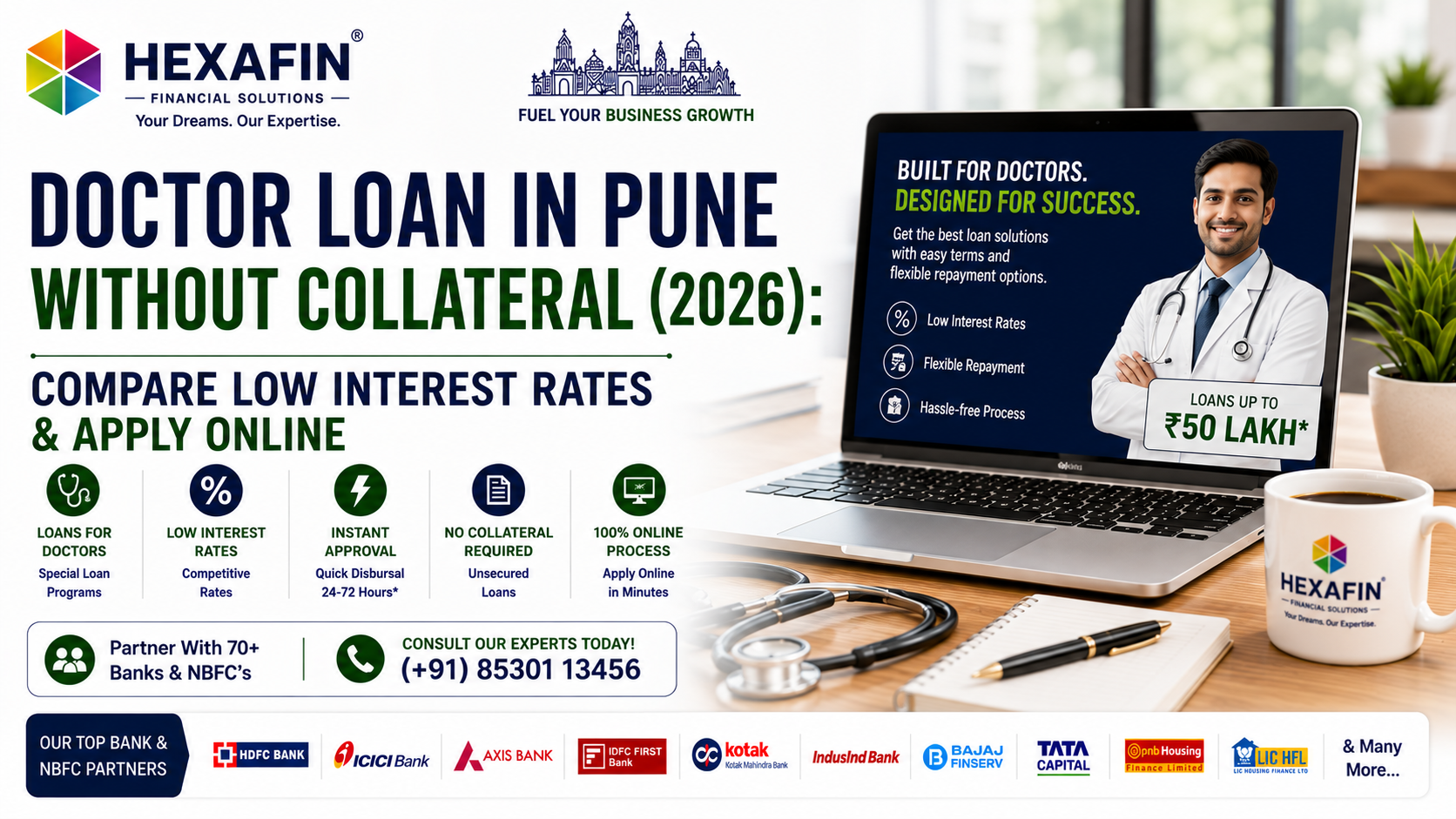Doctor Loan in Pune Without Collateral (2026): Compare Low Interest Rates & Apply Online 1 Doctor Loan in Pune Without Collateral with low interest rates and expert loan assistance from Hexafin Loan Consultancy