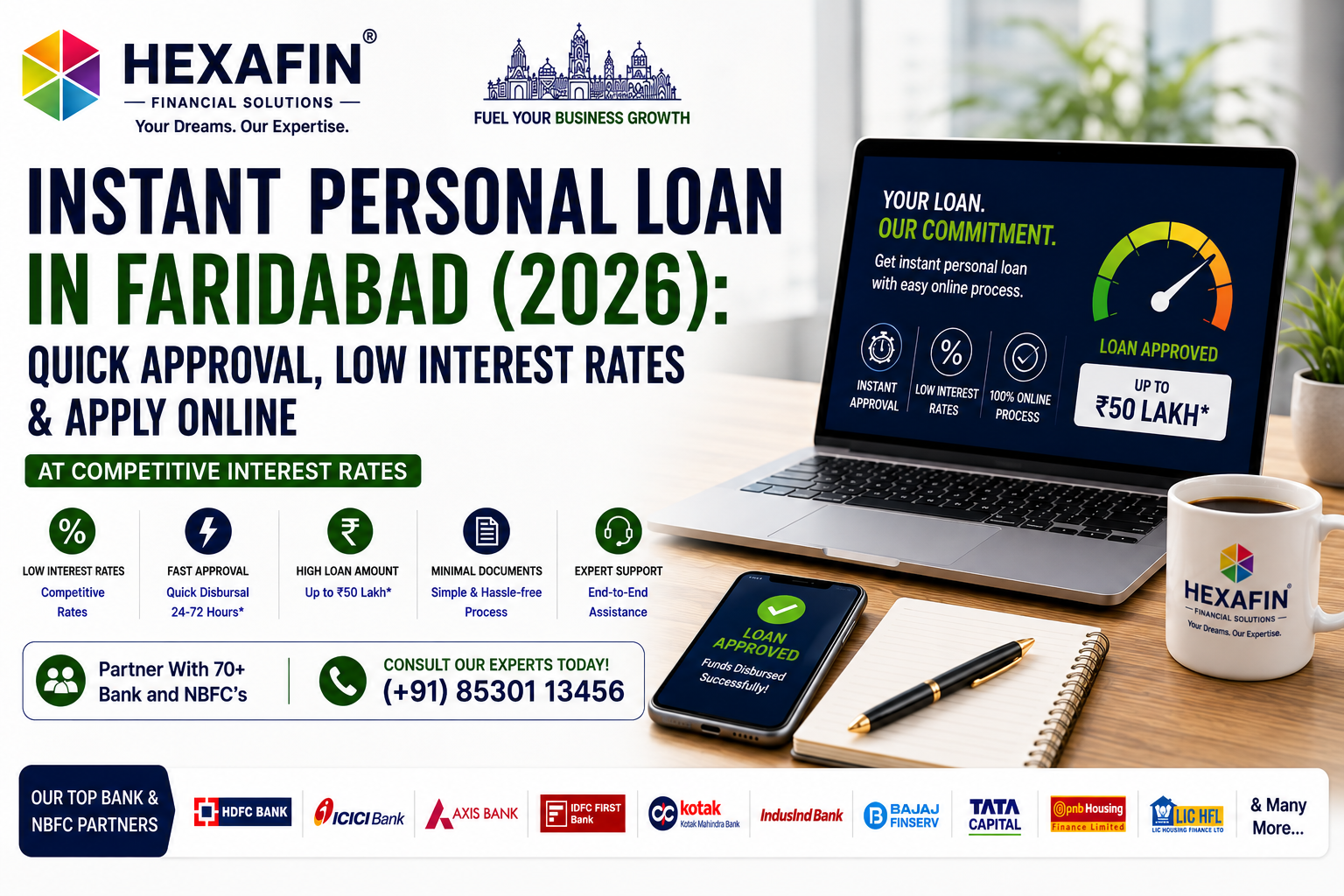 Instant Personal Loan in Faridabad with quick approval from top banks and NBFCs through Hexafin