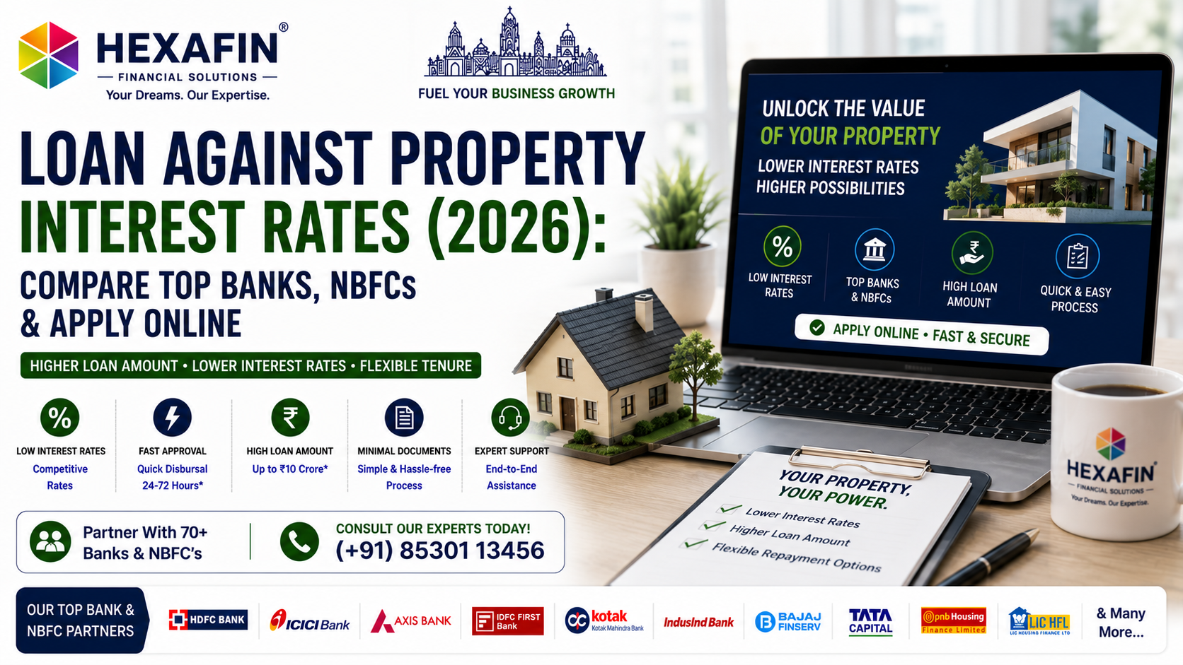 Compare Loan Against Property interest rates from leading banks and NBFCs with Hexafin Loan Consultancy