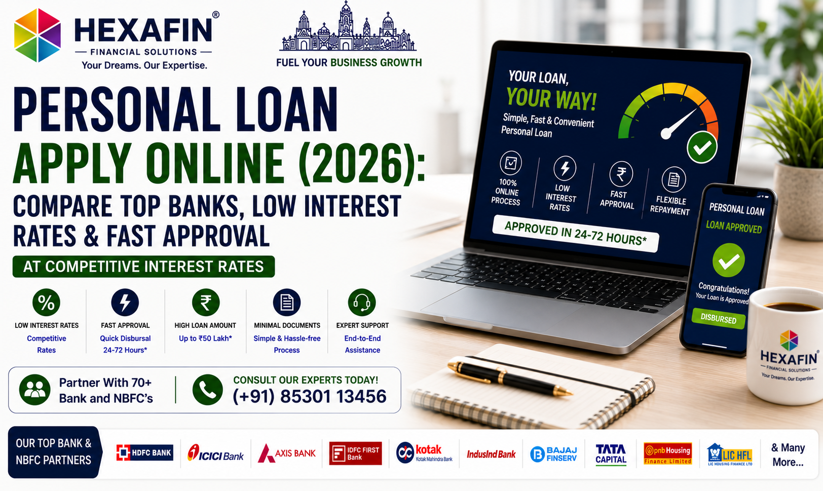 Apply for a Personal Loan online by comparing top banks and NBFCs with expert guidance from Hexafin