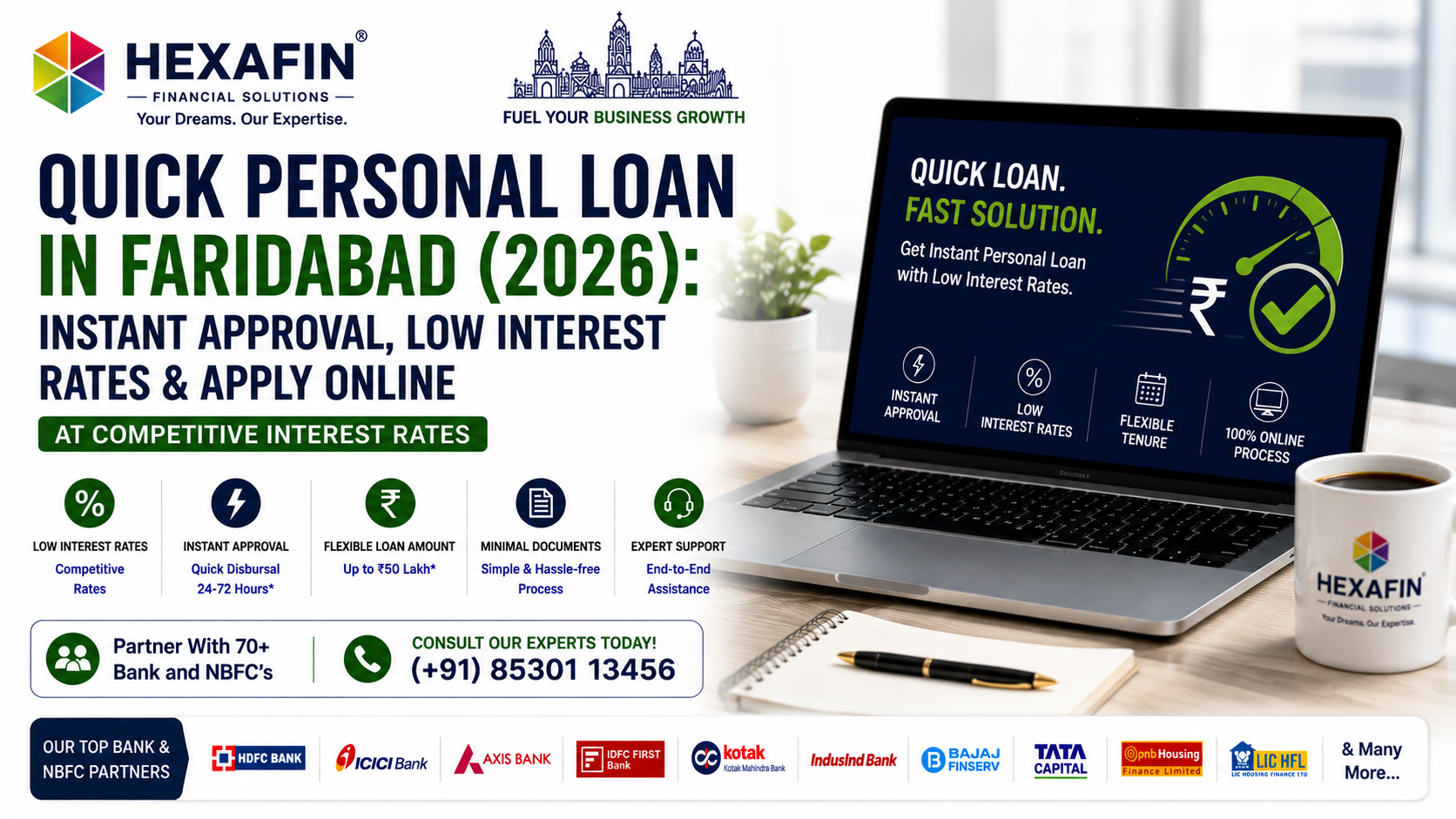 Quick Personal Loan in Faridabad with instant approval from top banks and NBFCs through Hexafin