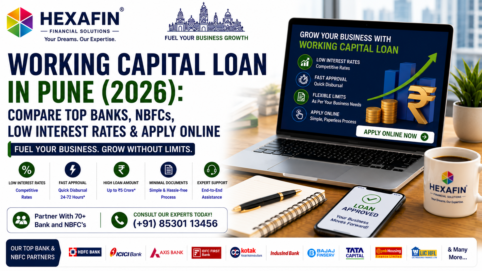 Working Capital Loan in Pune with low interest rates from banks and NBFCs through Hexafin Loan Consultancy